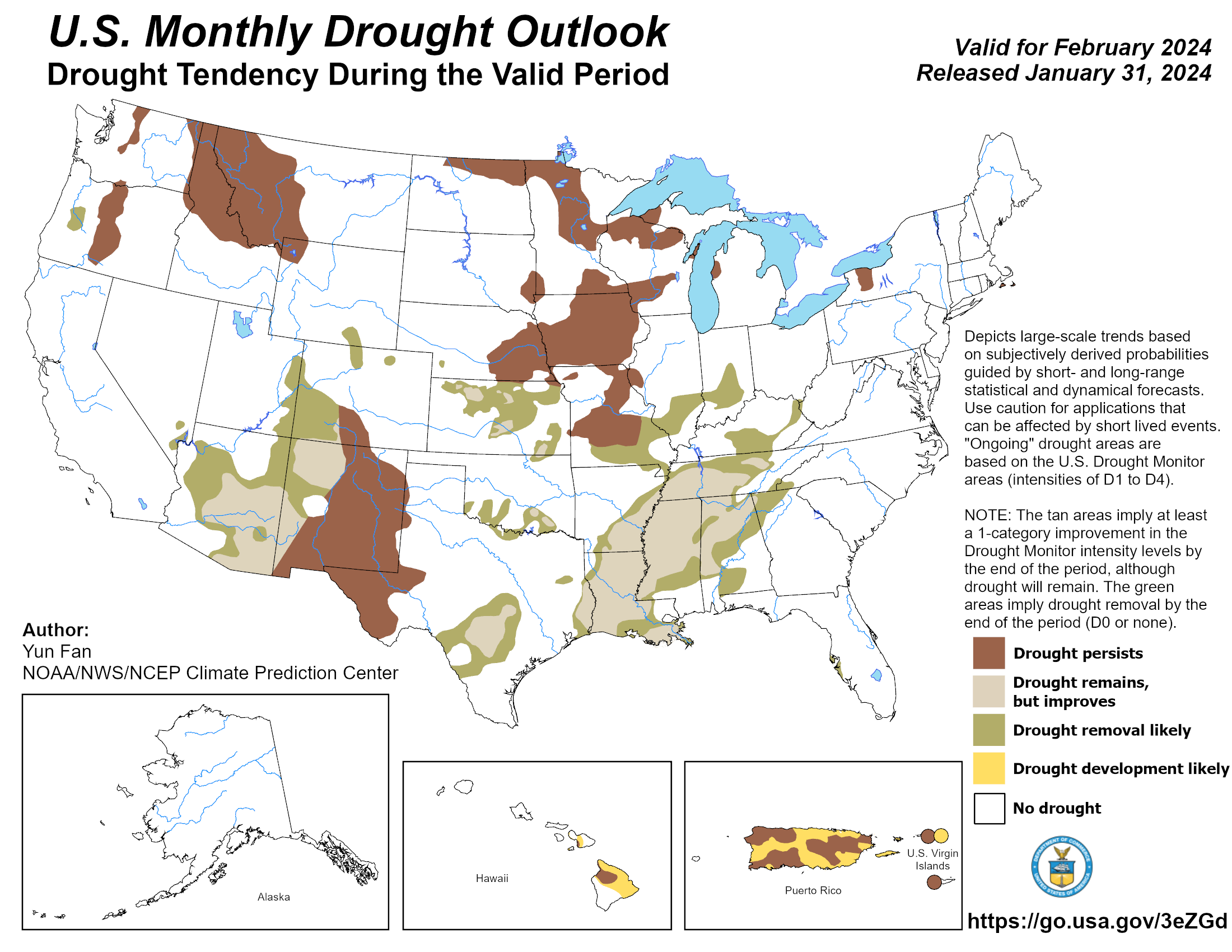 The U.S. Monthly Drought Outlook shows the majority of Oklahoma in no drought, with small areas of drought in southern Oklahoma shown as drought removal likely. Small pockets of drought in south-central Oklahoma are forecast remain but improve.