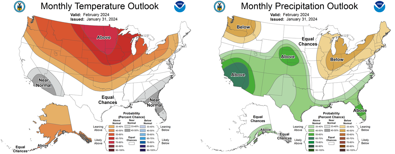 Climate Prediction Center temperature and precipitation outlook maps for the United States showing a prediction for above-average temperatures and precipitation for Oklahoma in February 2024